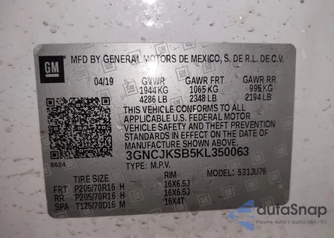 2019 Chevrolet Trax Ls z USA, uszkodzony, nr VIN 3GNCJKSB5KL350063